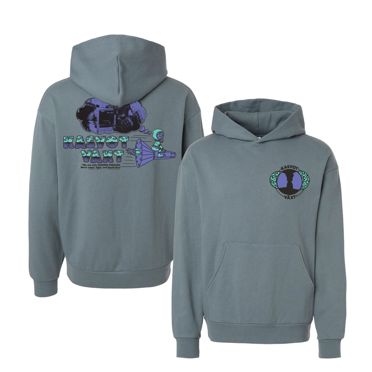 Two views of a slate blue-gray pullover hoodie on a white background. The back view shows a large graphic print with a purple and teal space-themed design and the text 'KASVOT VAXT'.