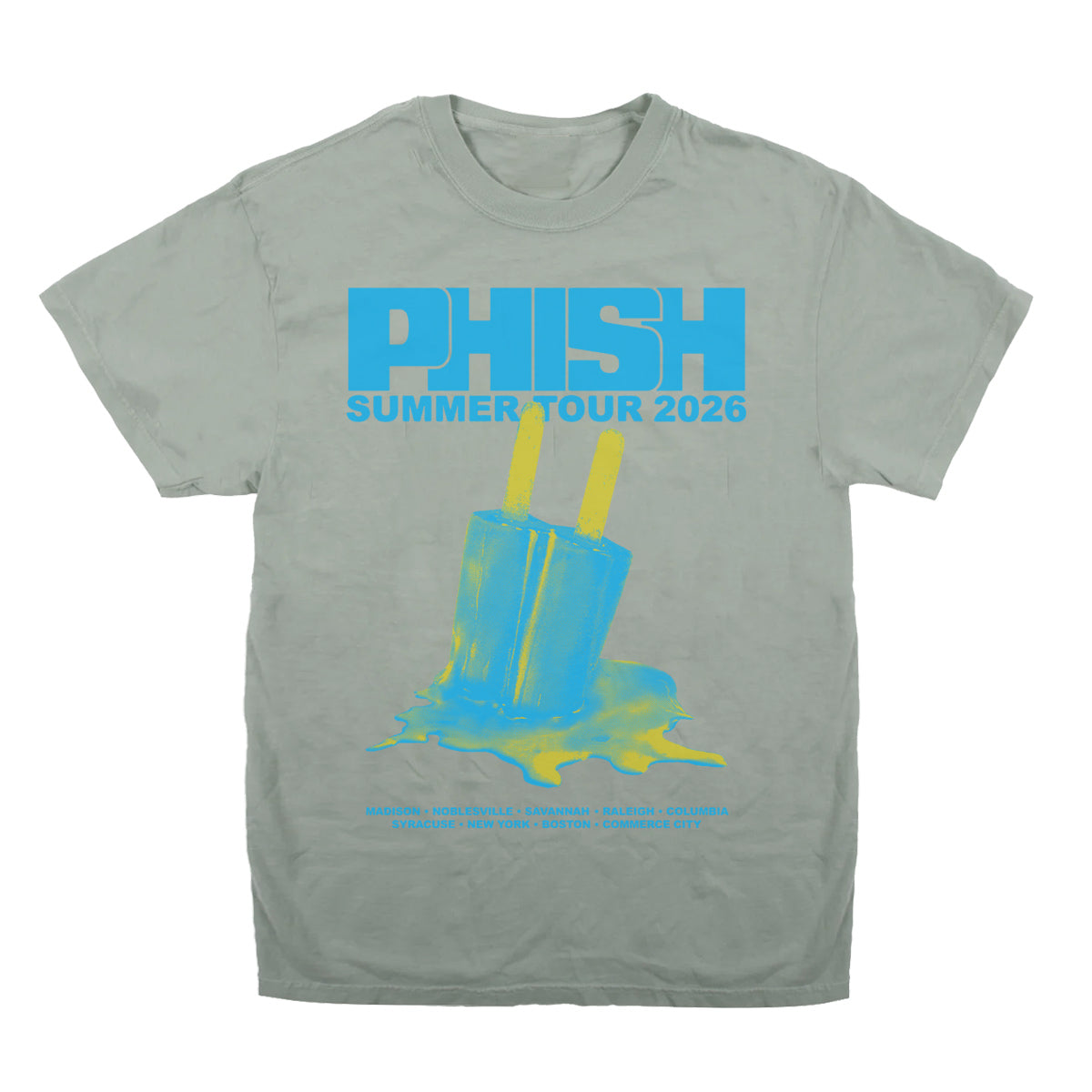 A light Bay Gray graphic t-shirt featuring a blue and yellow 'Phish Summer Tour 2026' design with a melting twin pop on the front, displayed flat against a white background.