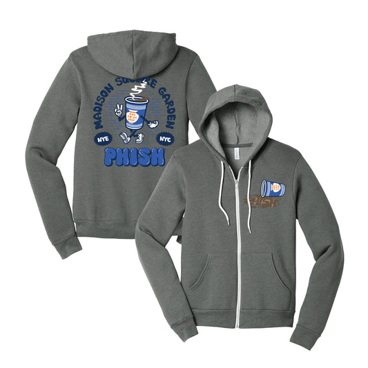 Spilled Greek Coffee Cup NYE Run Hoodie on Deep Heather Grey