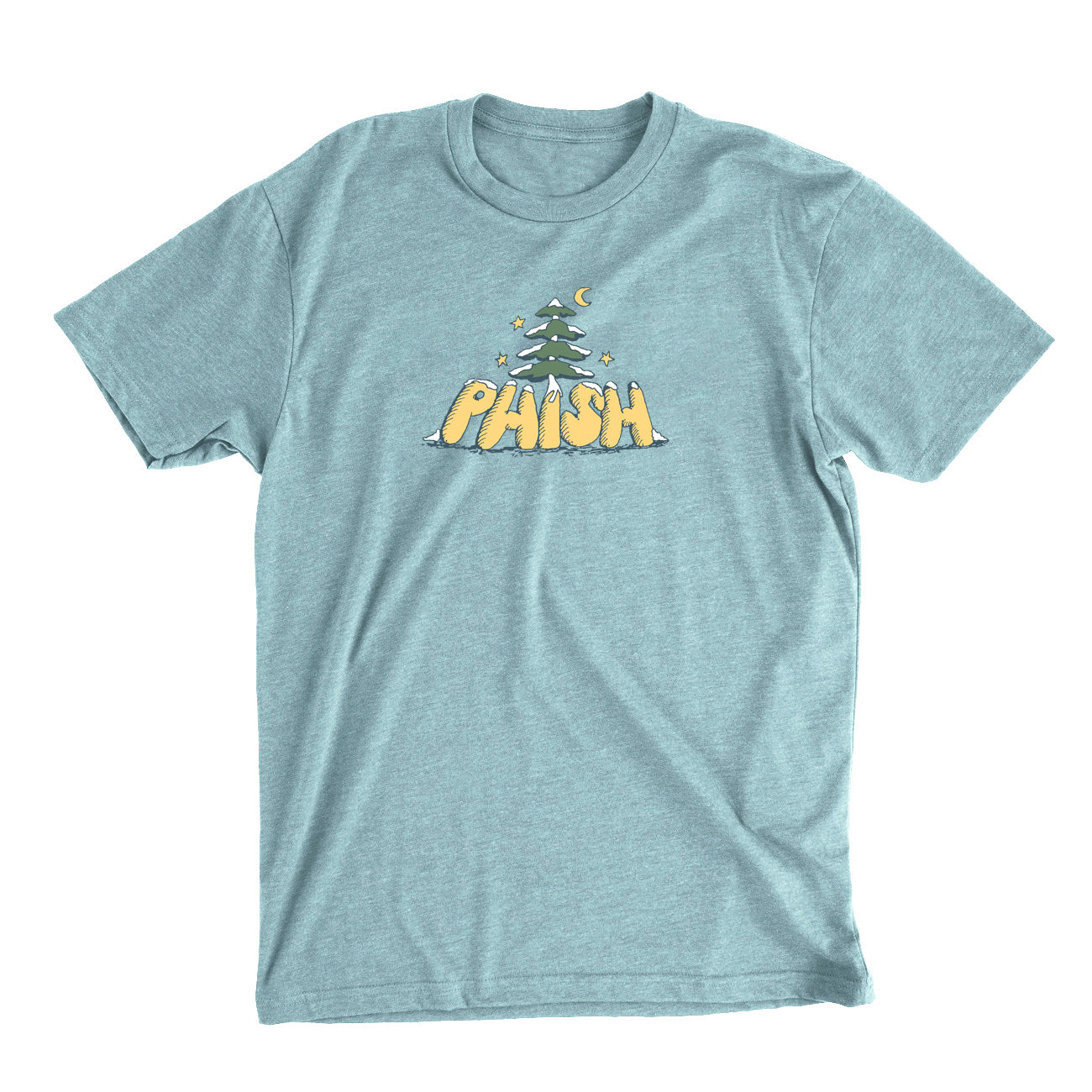 Light blue t-shirt with 'PHISH' graphic design on a white background