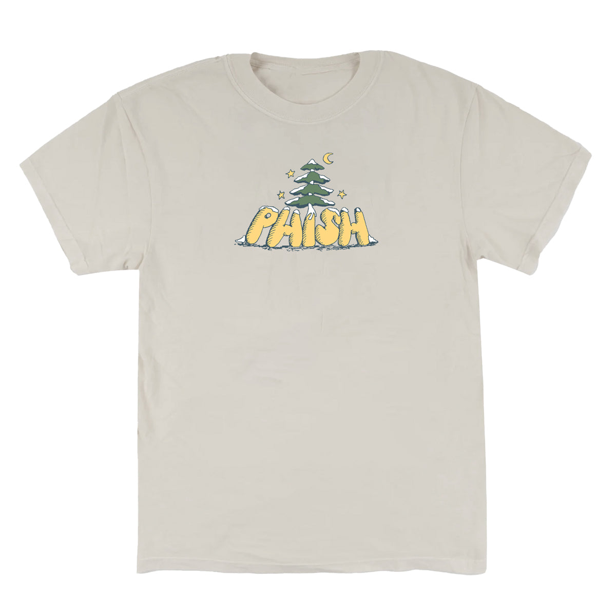 Beige t-shirt with 'Phish' logo featuring a tree on a white background