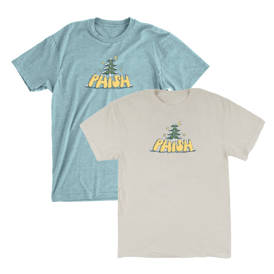 Two t-shirts with a snowy tree and 'Phish' bubble text design on a white or heather blue background
