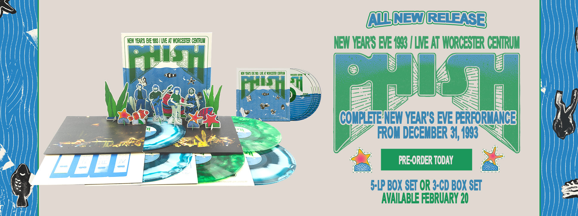 All new release. New Year's Eve 1993 Live At Worcester Centrum. 5 LP or 3 CD box set. Available February 20. Pre-order today.